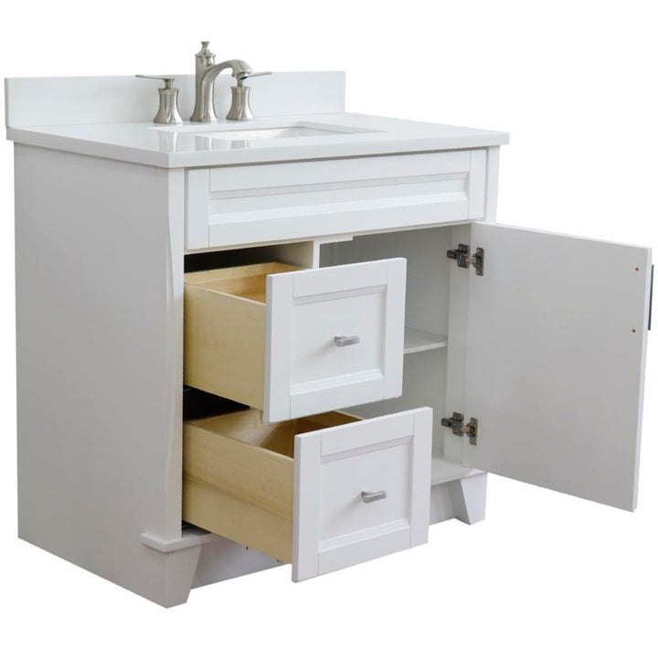 Bellaterra Home, Terni 37" White Vanity, Door on Right, Rectangle Sink on Center, White Quartz#top-options_white-quartz-top