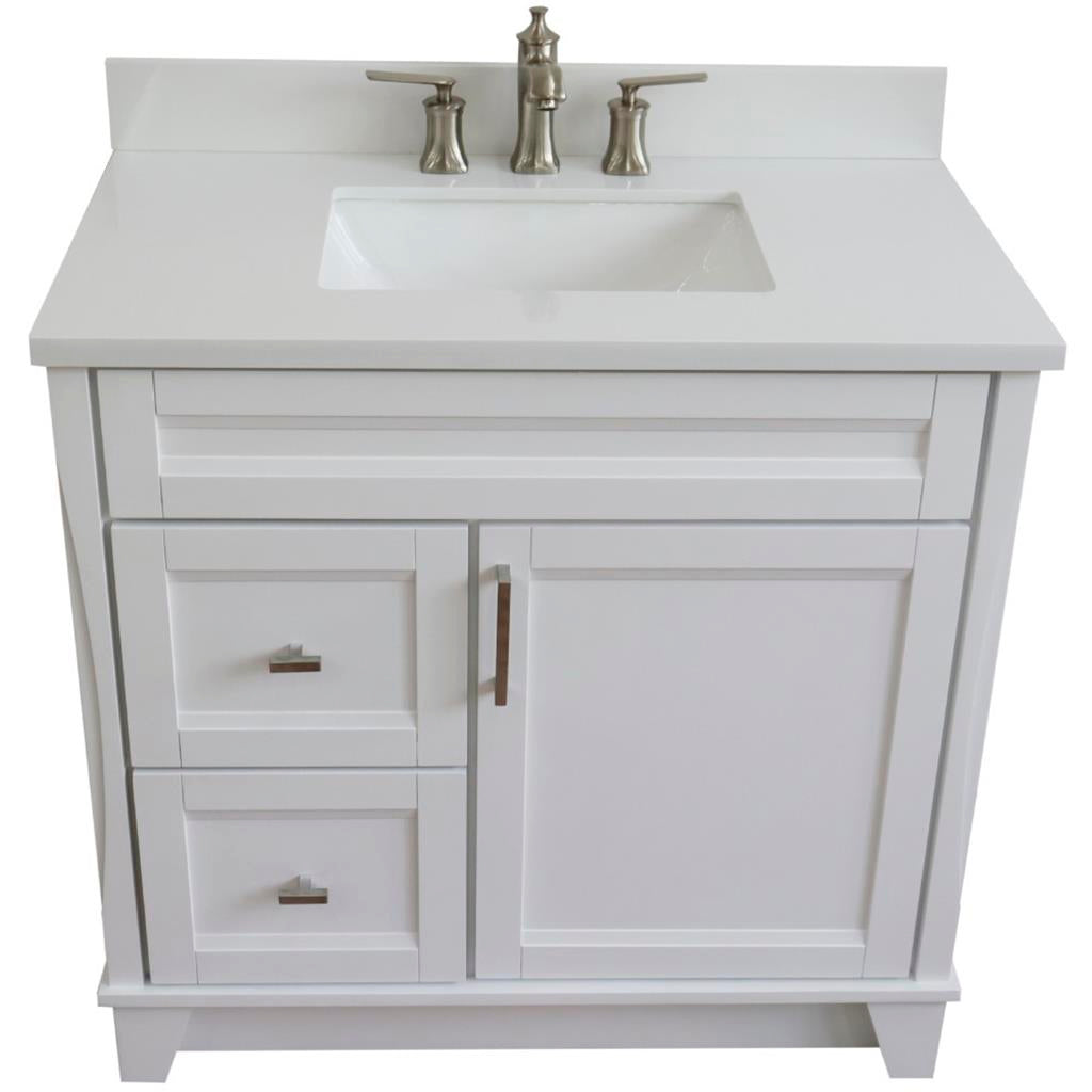 Bellaterra Home, Terni 37" White Vanity, Door on Right, Rectangle Sink on Center, White Quartz#top-options_white-quartz-top