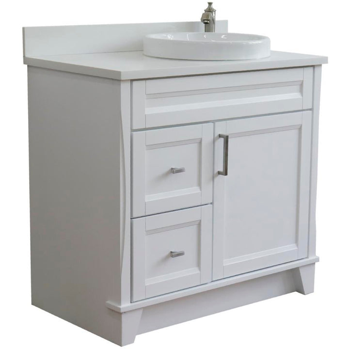 Bellaterra Home, Terni 37" White Vanity, Door on Right, Round Sink on Right, White Quartz#top-options_white-quartz-top