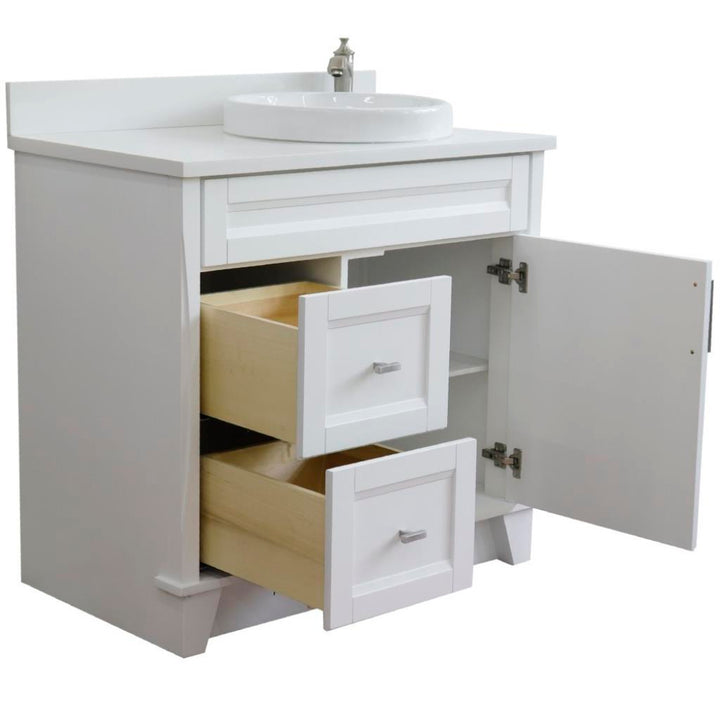 Bellaterra Home, Terni 37" White Vanity, Door on Right, Round Sink on Right, White Quartz#top-options_white-quartz-top