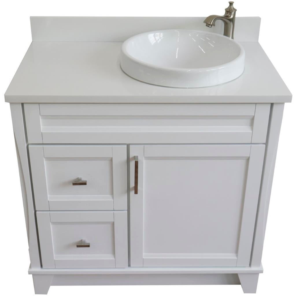 Bellaterra Home, Terni 37" White Vanity, Door on Right, Round Sink on Right, White Quartz#top-options_white-quartz-top
