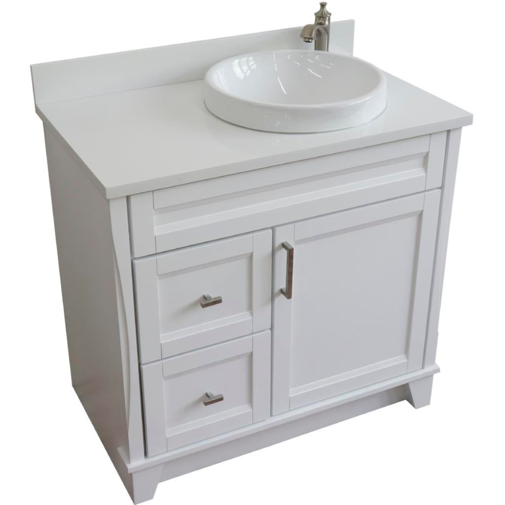 Bellaterra Home, Terni 37" White Vanity, Door on Right, Round Sink on Right, White Quartz#top-options_white-quartz-top