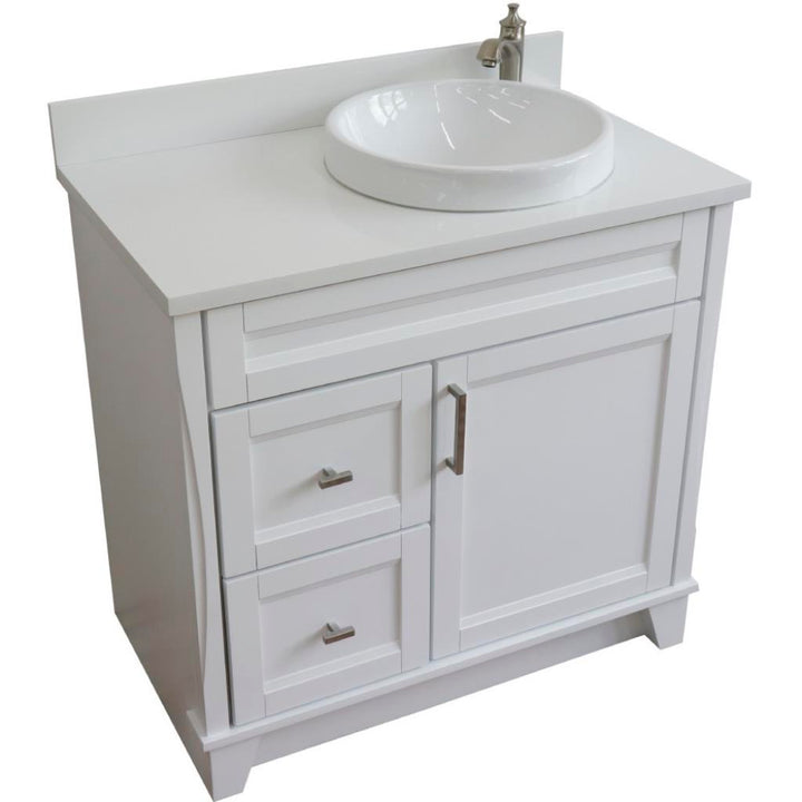 Bellaterra Home, Terni 37" White Vanity, Door on Right, Round Sink on Right, White Quartz#top-options_white-quartz-top