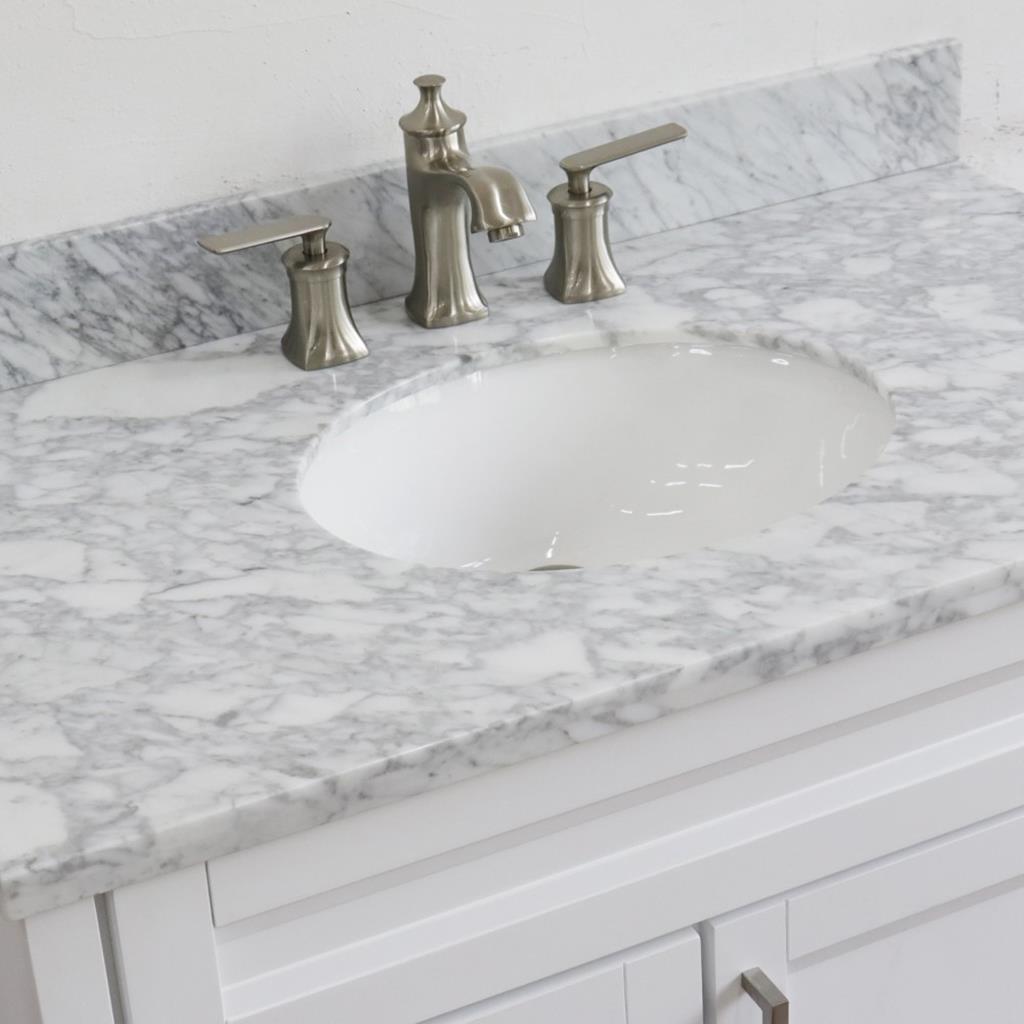 Bellaterra Home, Terni 37" White Vanity, Door on Right, Oval Sink on Center, White Carrara Marble#top-options_white-carrara-marble-top