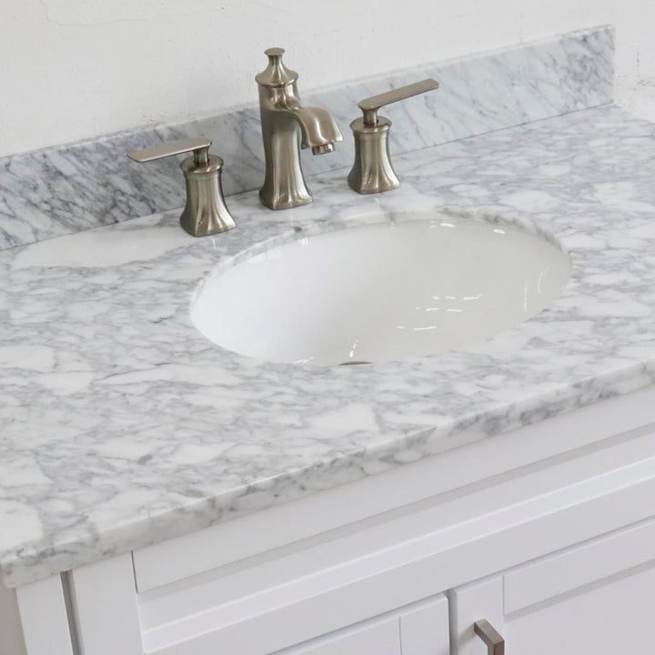 Bellaterra Home, Terni 37" White Vanity, Door on Right, Oval Sink on Center, White Carrara Marble#top-options_white-carrara-marble-top