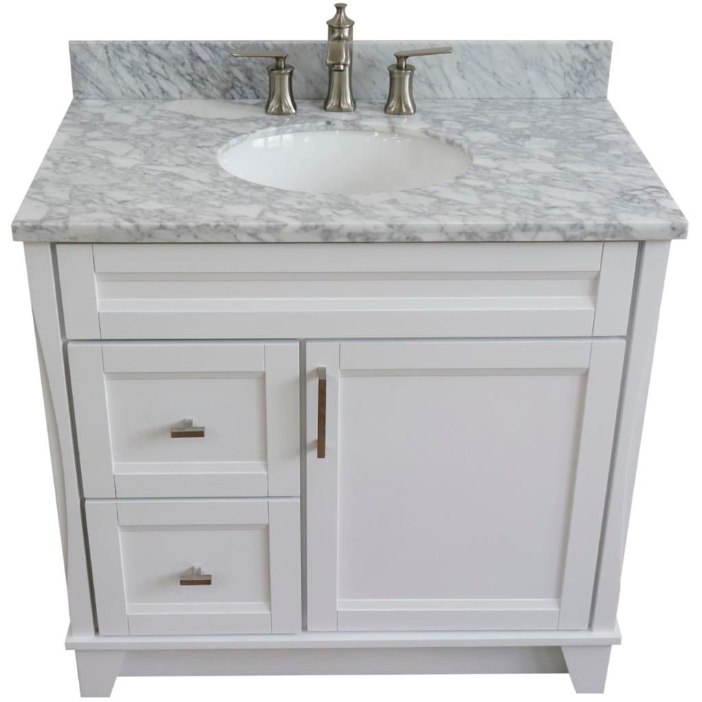 Bellaterra Home, Terni 37" White Vanity, Door on Right, Oval Sink on Center, White Carrara Marble#top-options_white-carrara-marble-top