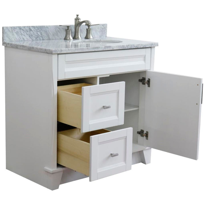 Bellaterra Home, Terni 37" White Vanity, Door on Right, Oval Sink on Right, White Carrara Marble#top-options_white-carrara-marble-top