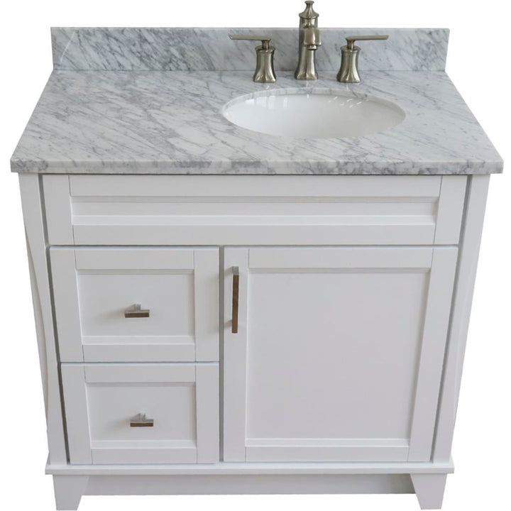 Bellaterra Home, Terni 37" White Vanity, Door on Right, Oval Sink on Right, White Carrara Marble#top-options_white-carrara-marble-top