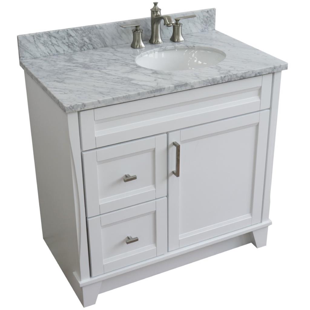 Bellaterra Home, Terni 37" White Vanity, Door on Right, Oval Sink on Right, White Carrara Marble#top-options_white-carrara-marble-top
