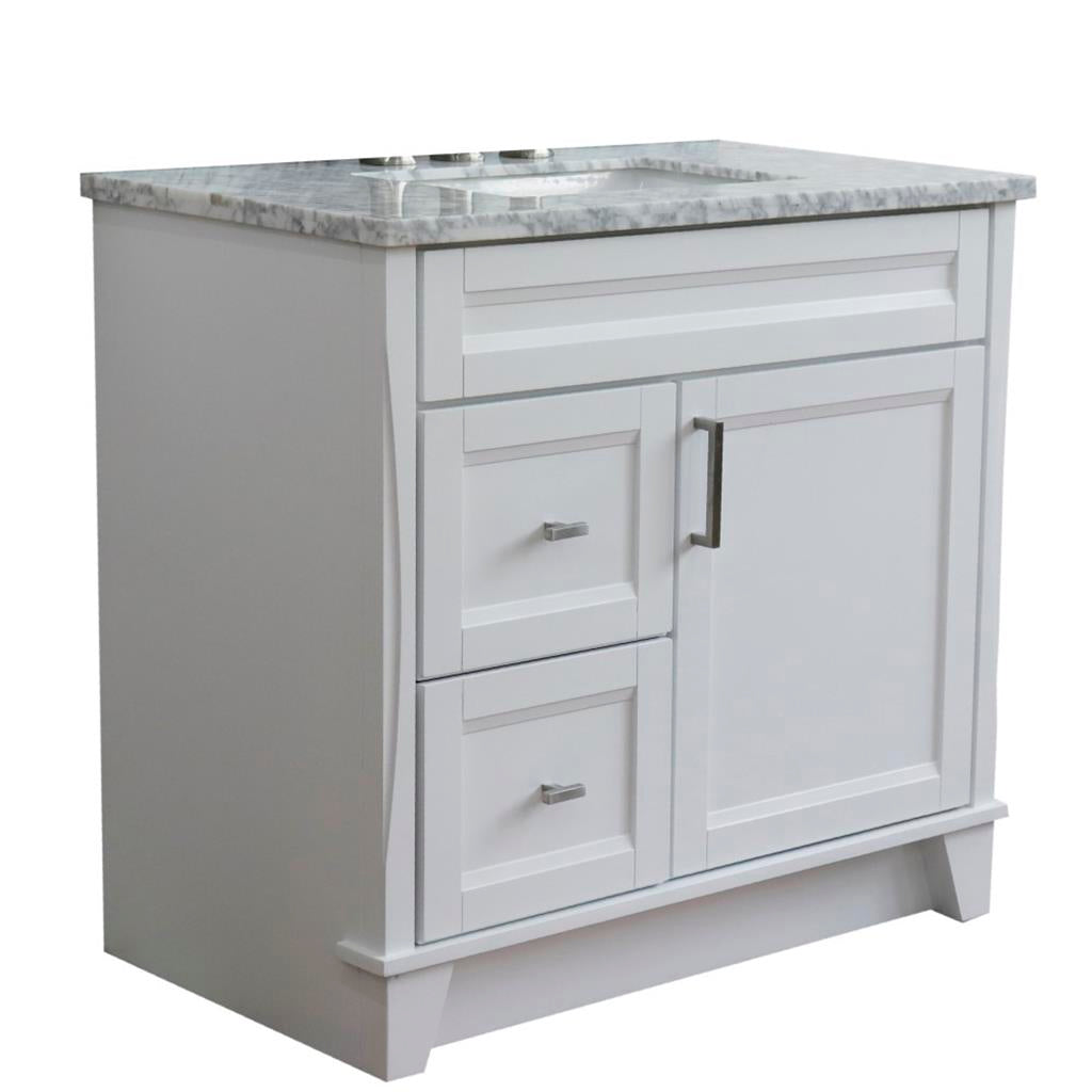 Bellaterra Home, Terni 37" White Vanity, Door on Right, Rectangle Sink on Center, White Carrara Marble#top-options_white-carrara-marble-top