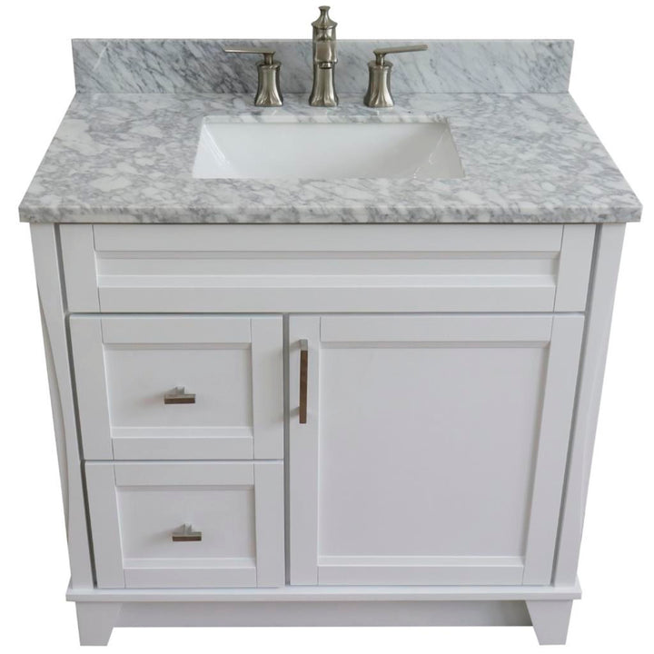 Bellaterra Home, Terni 37" White Vanity, Door on Right, Rectangle Sink on Center, White Carrara Marble#top-options_white-carrara-marble-top