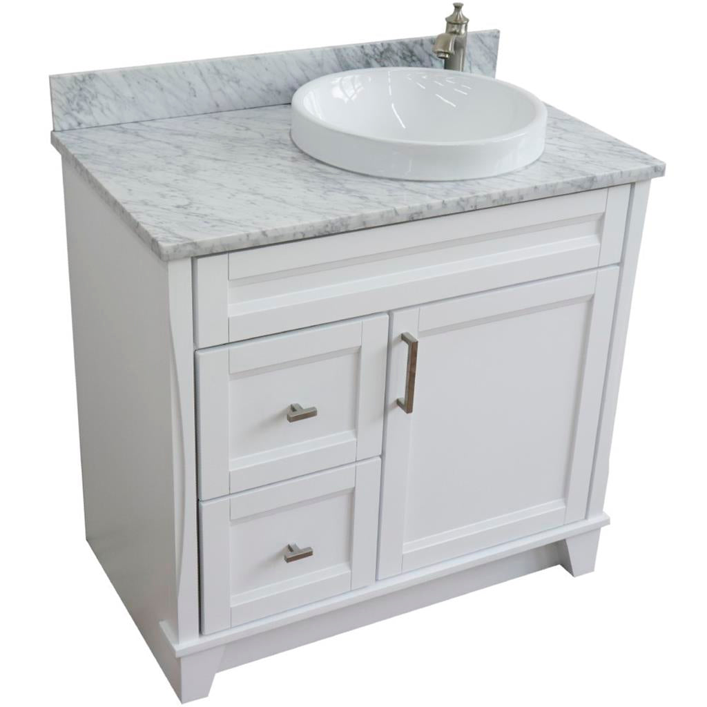 Bellaterra Home, Terni 37" White Vanity, Door on Right, Round Sink on Right, White Carrara Marble#top-options_white-carrara-marble-top