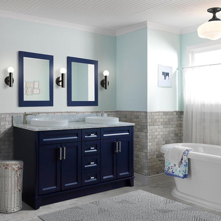 Bellaterra Home, Terni 61" Blue Double Vanity, Round Sink, White Carrara Marble#top-options_white-carrara-marble-top