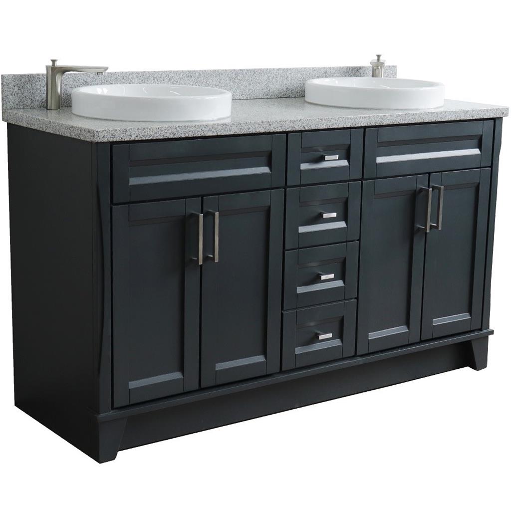 Bellaterra Home, Terni 61" Dark Gray Double Vanity, Round Sink, Gray Granite#top-options_gray-granite-top
