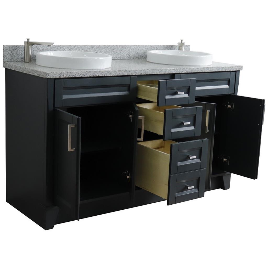 Bellaterra Home, Terni 61" Dark Gray Double Vanity, Round Sink, Gray Granite#top-options_gray-granite-top