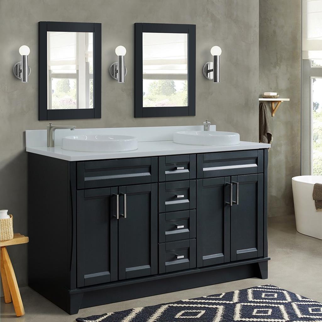 Bellaterra Home, Terni 61" Dark Gray Double Vanity, Round Sink, White Quartz#top-options_white-quartz-top