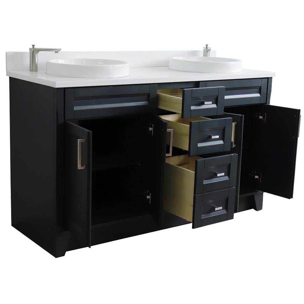 Bellaterra Home, Terni 61" Dark Gray Double Vanity, Round Sink, White Quartz#top-options_white-quartz-top