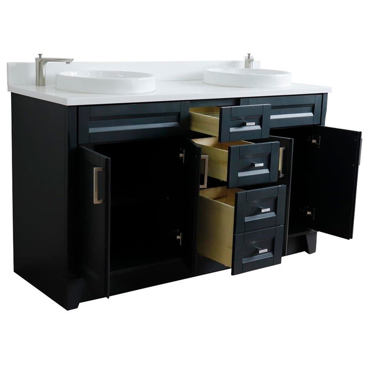Bellaterra Home, Terni 61" Dark Gray Double Vanity, Round Sink, White Quartz#top-options_white-quartz-top