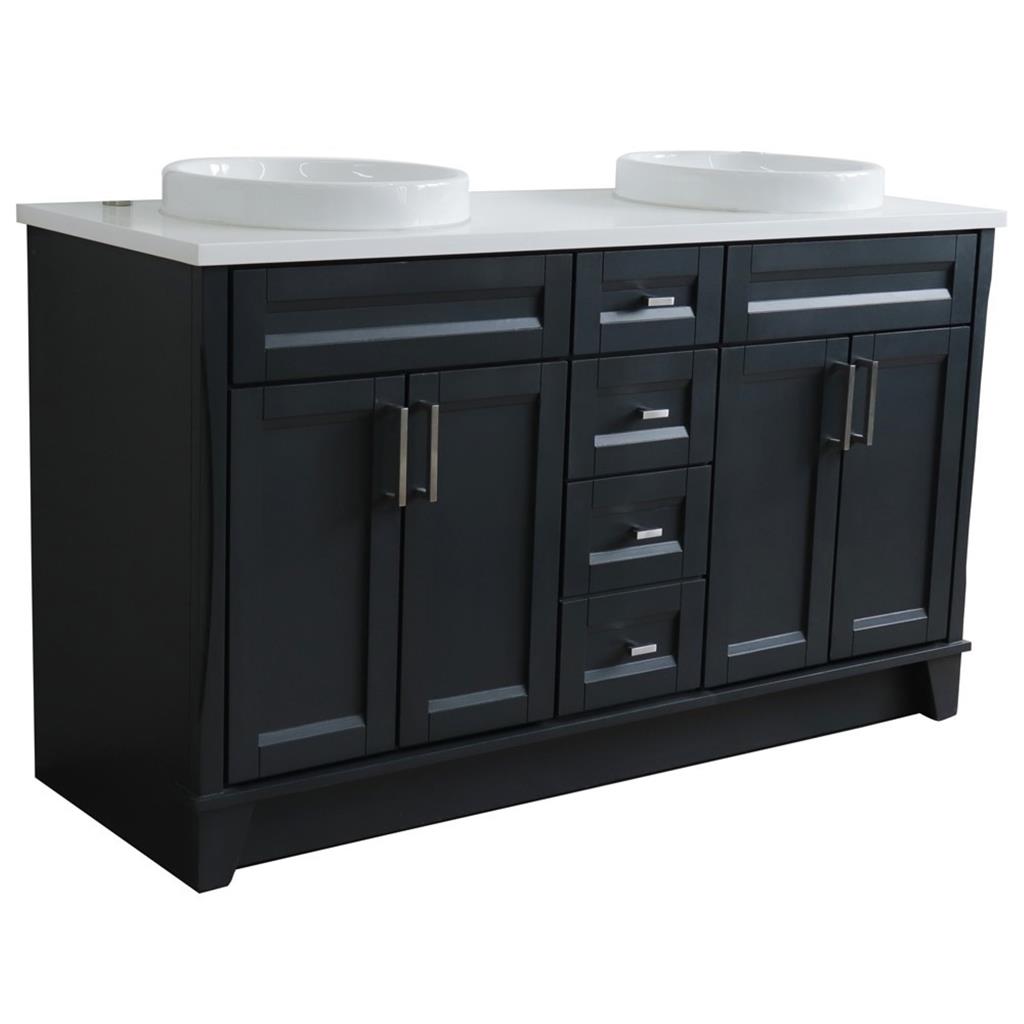 Bellaterra Home, Terni 61" Dark Gray Double Vanity, Round Sink, White Quartz#top-options_white-quartz-top