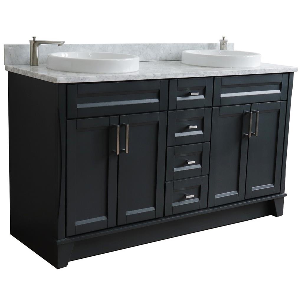 Bellaterra Home, Terni 61" Dark Gray Double Vanity, Round Sink, White Carrara Marble#top-options_white-carrara-marble-top