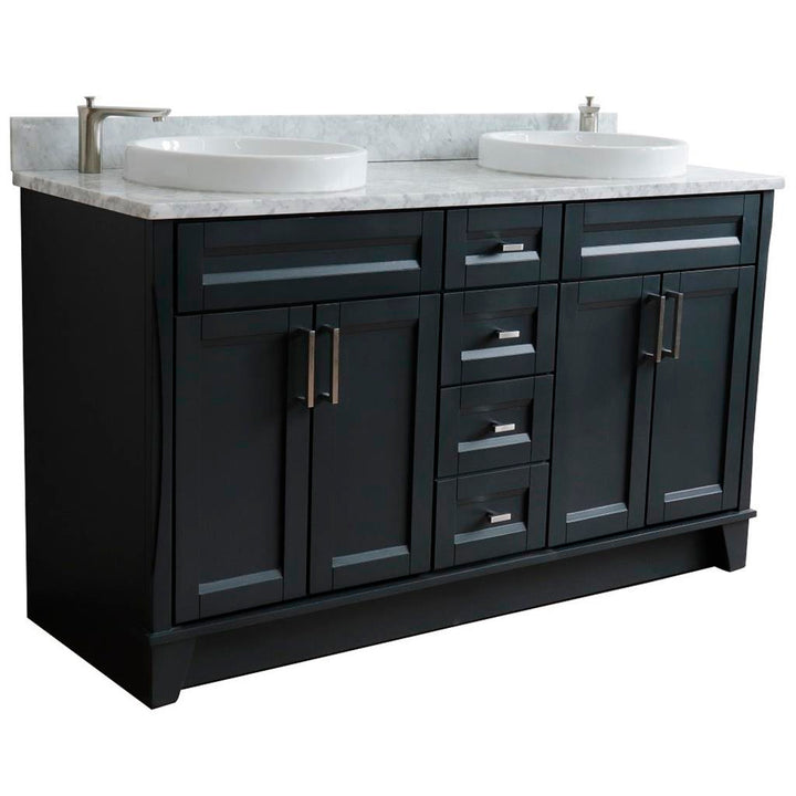 Bellaterra Home, Terni 61" Dark Gray Double Vanity, Round Sink, White Carrara Marble#top-options_white-carrara-marble-top