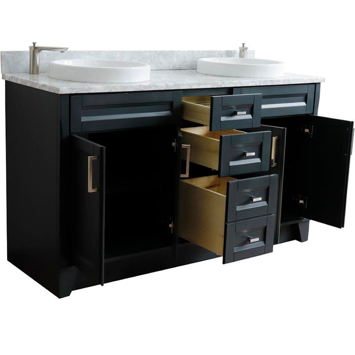 Bellaterra Home, Terni 61" Dark Gray Double Vanity, Round Sink, White Carrara Marble#top-options_white-carrara-marble-top