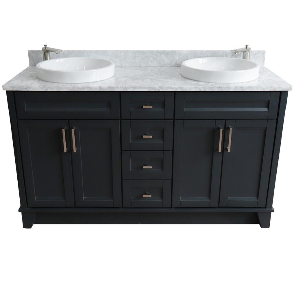 Bellaterra Home, Terni 61" Dark Gray Double Vanity, Round Sink, White Carrara Marble#top-options_white-carrara-marble-top