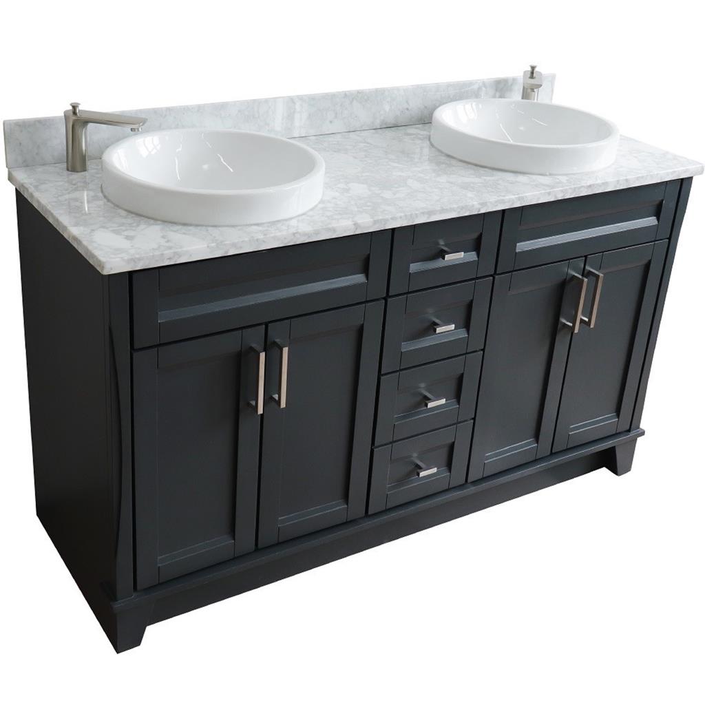 Bellaterra Home, Terni 61" Dark Gray Double Vanity, Round Sink, White Carrara Marble#top-options_white-carrara-marble-top