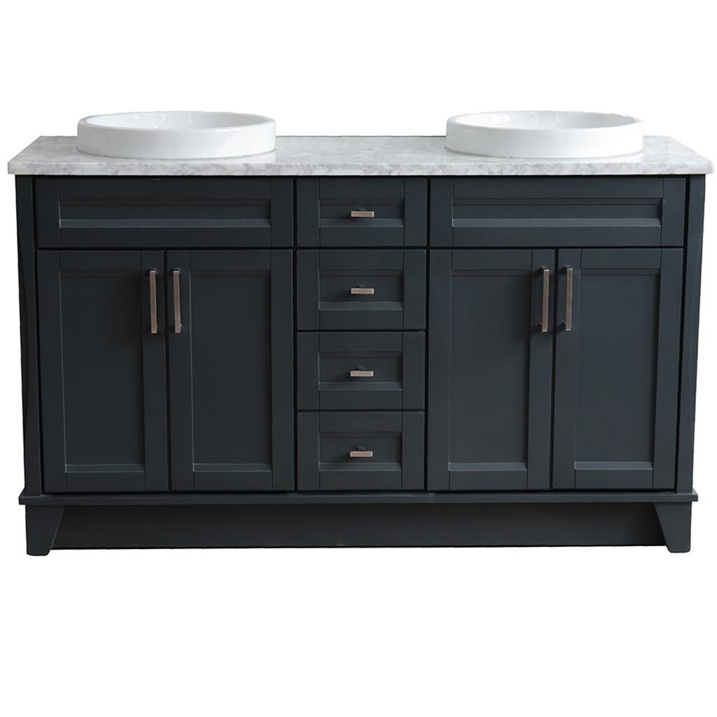 Bellaterra Home, Terni 61" Dark Gray Double Vanity, Round Sink, White Carrara Marble#top-options_white-carrara-marble-top
