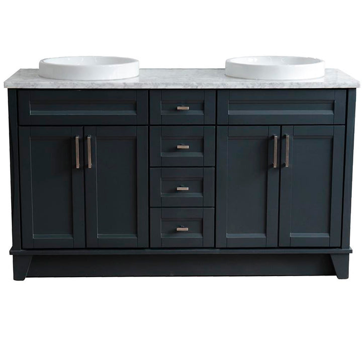Bellaterra Home, Terni 61" Dark Gray Double Vanity, Round Sink, White Carrara Marble#top-options_white-carrara-marble-top