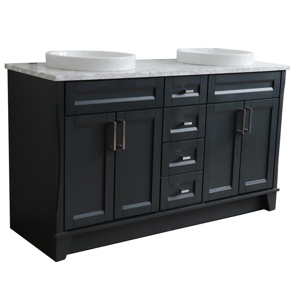 Bellaterra Home, Terni 61" Dark Gray Double Vanity, Round Sink, White Carrara Marble#top-options_white-carrara-marble-top