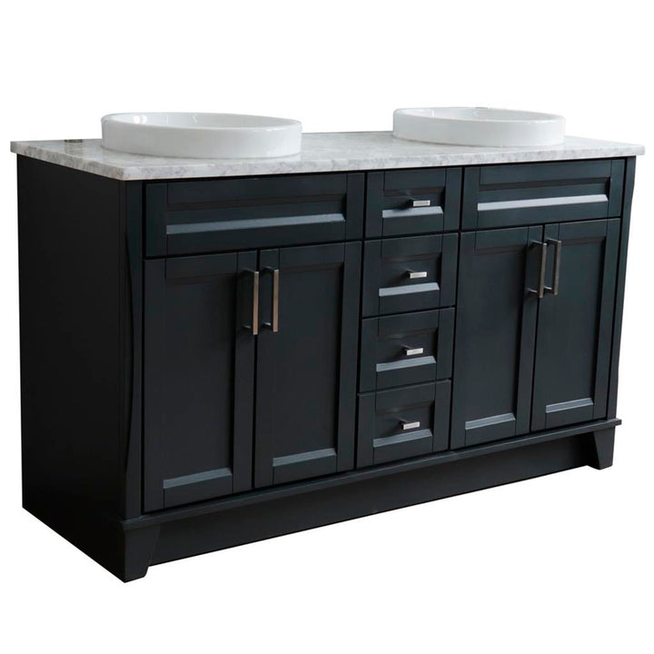 Bellaterra Home, Terni 61" Dark Gray Double Vanity, Round Sink, White Carrara Marble#top-options_white-carrara-marble-top