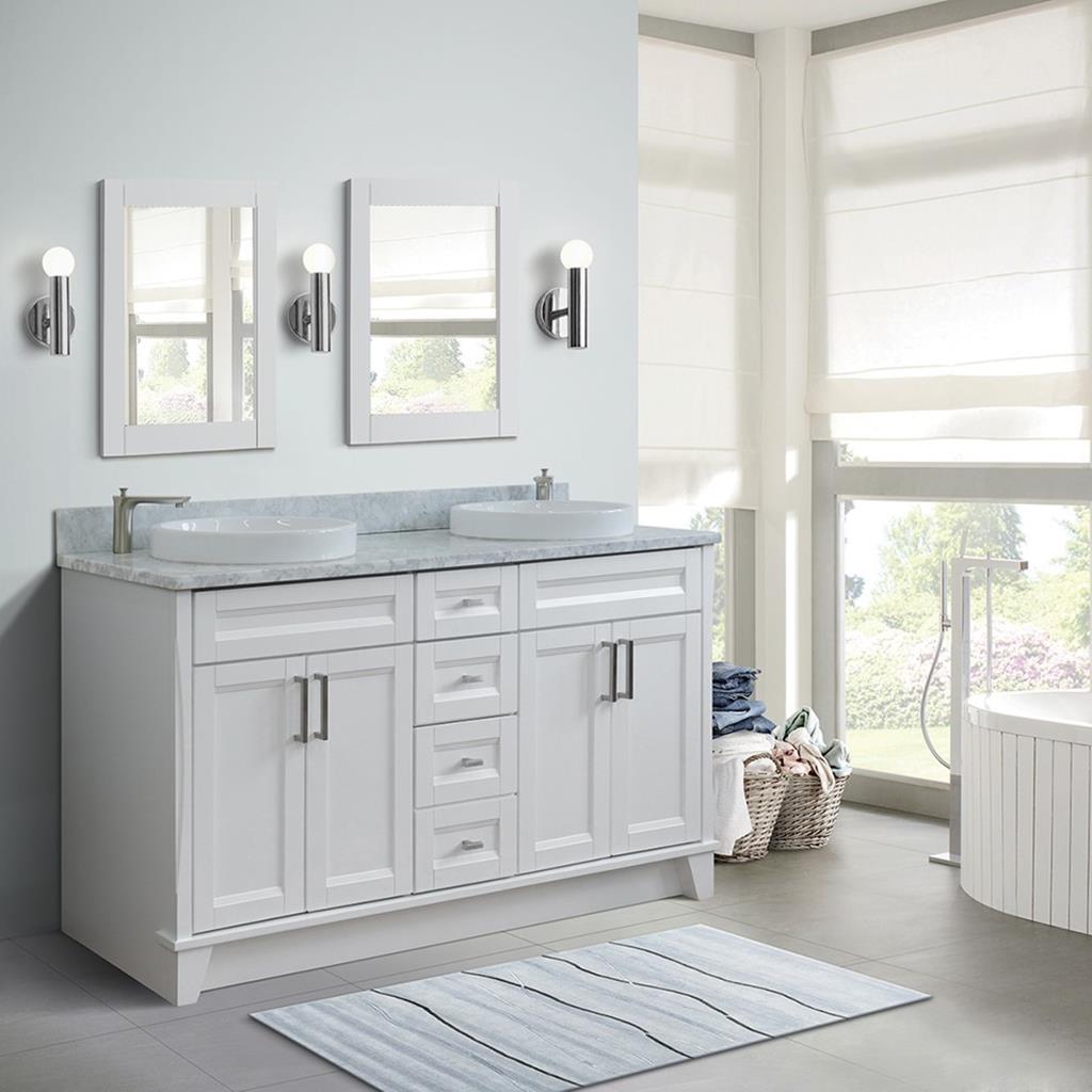 Bellaterra Home, Terni 61" White Double Vanity, Round Sink, White Carrara Marble#top-options_white-carrara-marble-top