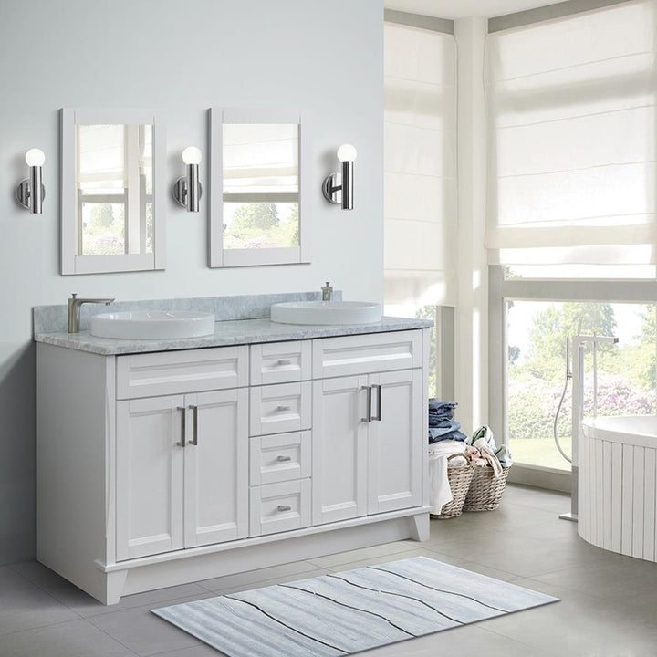 Bellaterra Home, Terni 61" White Double Vanity, Round Sink, White Carrara Marble#top-options_white-carrara-marble-top