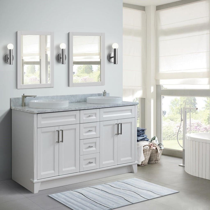 Bellaterra Home, Terni 61" White Double Vanity, Round Sink, White Carrara Marble#top-options_white-carrara-marble-top