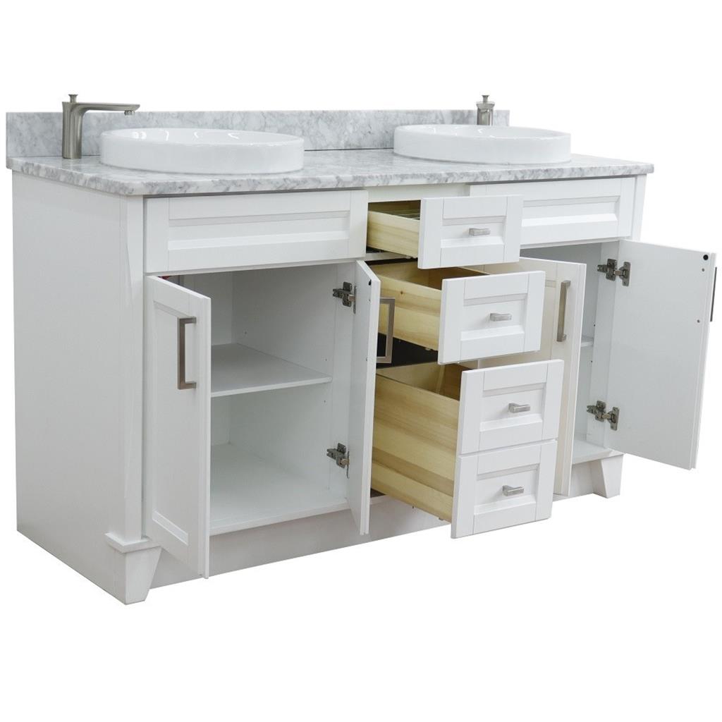 Bellaterra Home, Terni 61" White Double Vanity, Round Sink, White Carrara Marble#top-options_white-carrara-marble-top