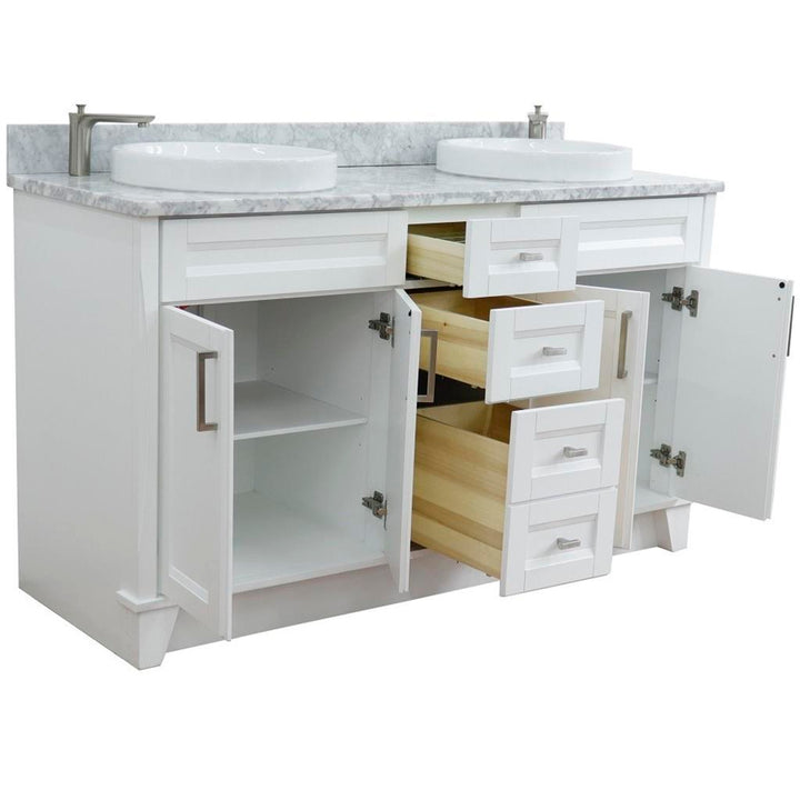 Bellaterra Home, Terni 61" White Double Vanity, Round Sink, White Carrara Marble#top-options_white-carrara-marble-top