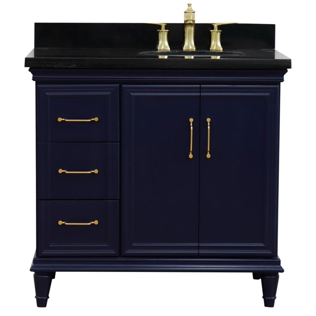 Bellaterra Home, Forli 37" Blue Vanity, Door on Right, Oval Sink on Right, Black Galaxy Granite#top-options_black-galaxy-granite-top