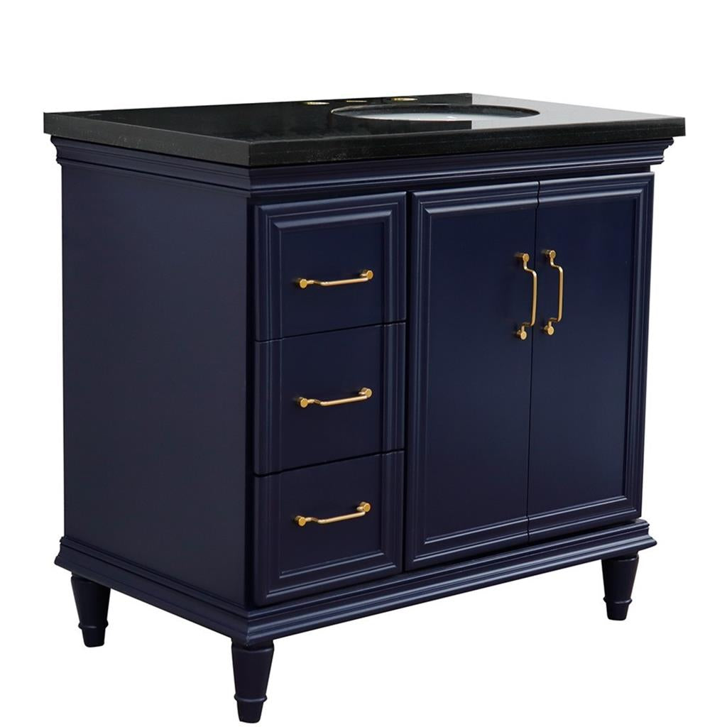 Bellaterra Home, Forli 37" Blue Vanity, Door on Right, Oval Sink on Right, Black Galaxy Granite#top-options_black-galaxy-granite-top