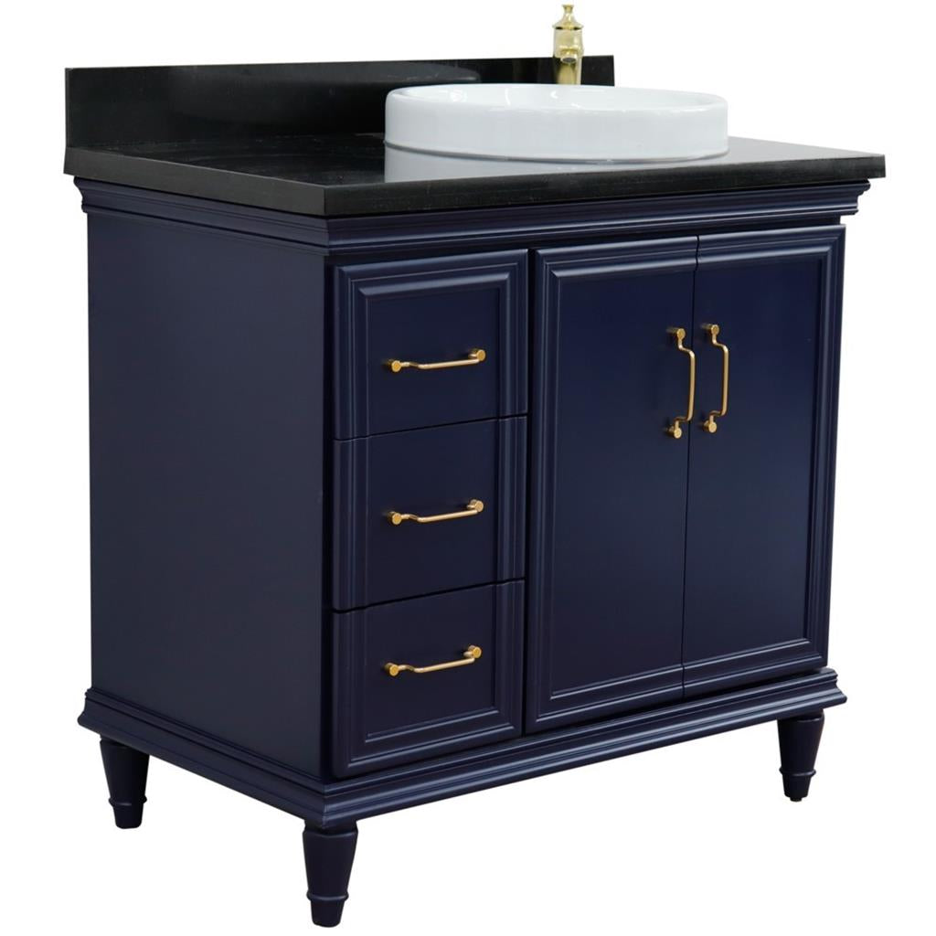 Bellaterra Home, Forli 37" Blue Vanity, Door on Right, Round Sink on Right, Black Galaxy Granite#top-options_black-galaxy-granite-top