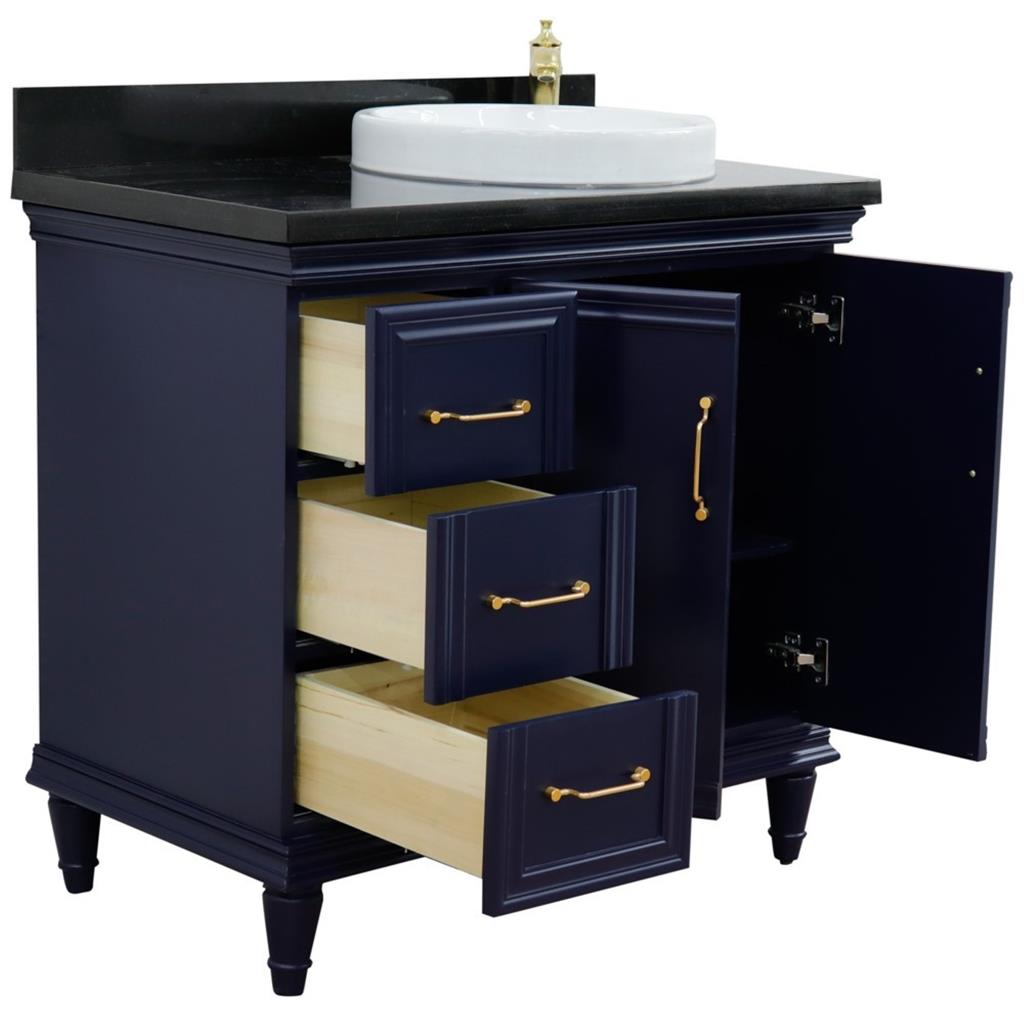 Bellaterra Home, Forli 37" Blue Vanity, Door on Right, Round Sink on Right, Black Galaxy Granite#top-options_black-galaxy-granite-top