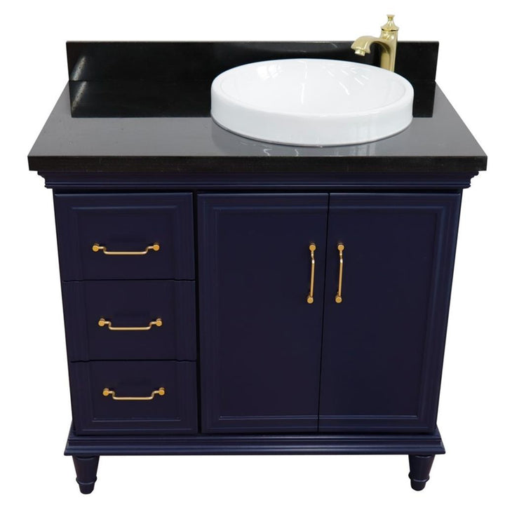 Bellaterra Home, Forli 37" Blue Vanity, Door on Right, Round Sink on Right, Black Galaxy Granite#top-options_black-galaxy-granite-top