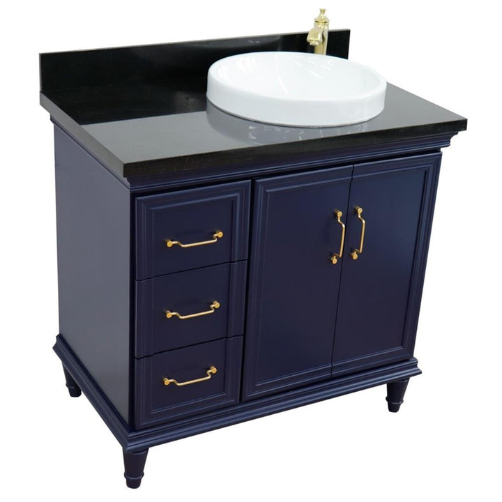 Bellaterra Home, Forli 37" Blue Vanity, Door on Right, Round Sink on Right, Black Galaxy Granite#top-options_black-galaxy-granite-top