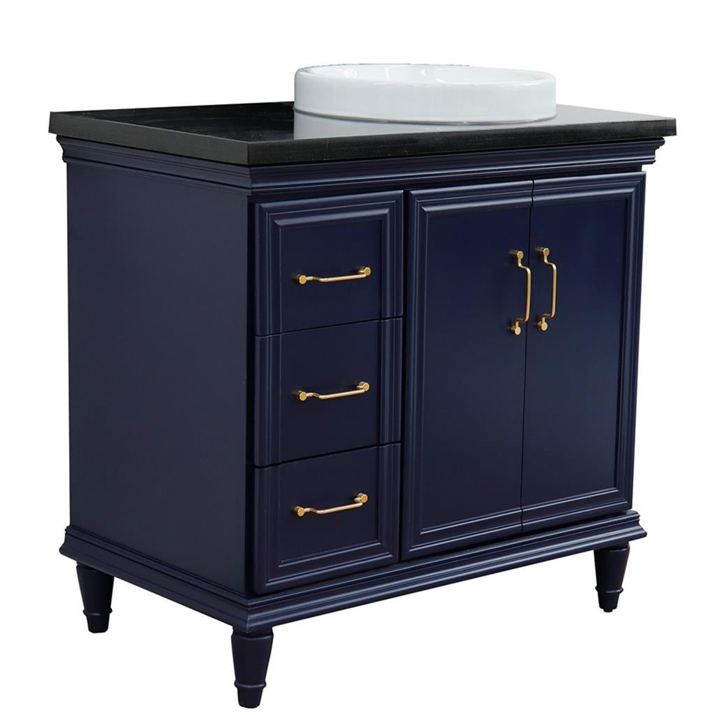 Bellaterra Home, Forli 37" Blue Vanity, Door on Right, Round Sink on Right, Black Galaxy Granite#top-options_black-galaxy-granite-top