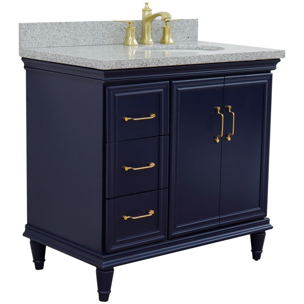 Bellaterra Home, Forli 37" Blue Vanity, Door on Right, Oval Sink on Right, Gray Granite#top-options_gray-granite-top