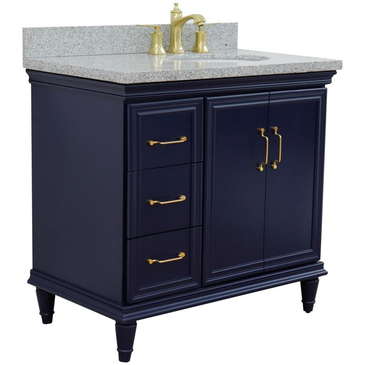 Bellaterra Home, Forli 37" Blue Vanity, Door on Right, Oval Sink on Right, Gray Granite#top-options_gray-granite-top