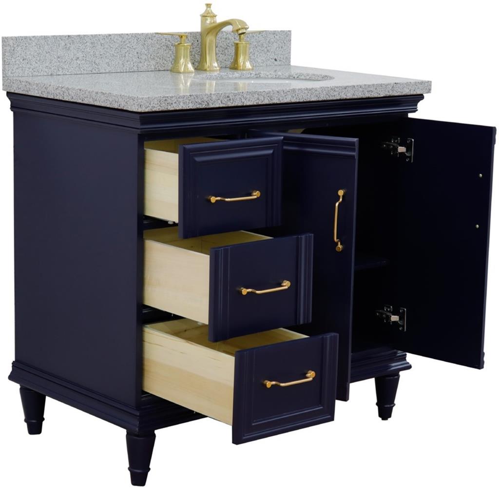 Bellaterra Home, Forli 37" Blue Vanity, Door on Right, Oval Sink on Right, Gray Granite#top-options_gray-granite-top