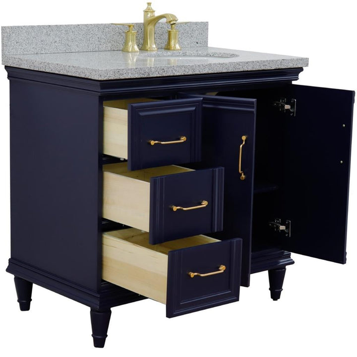 Bellaterra Home, Forli 37" Blue Vanity, Door on Right, Oval Sink on Right, Gray Granite#top-options_gray-granite-top