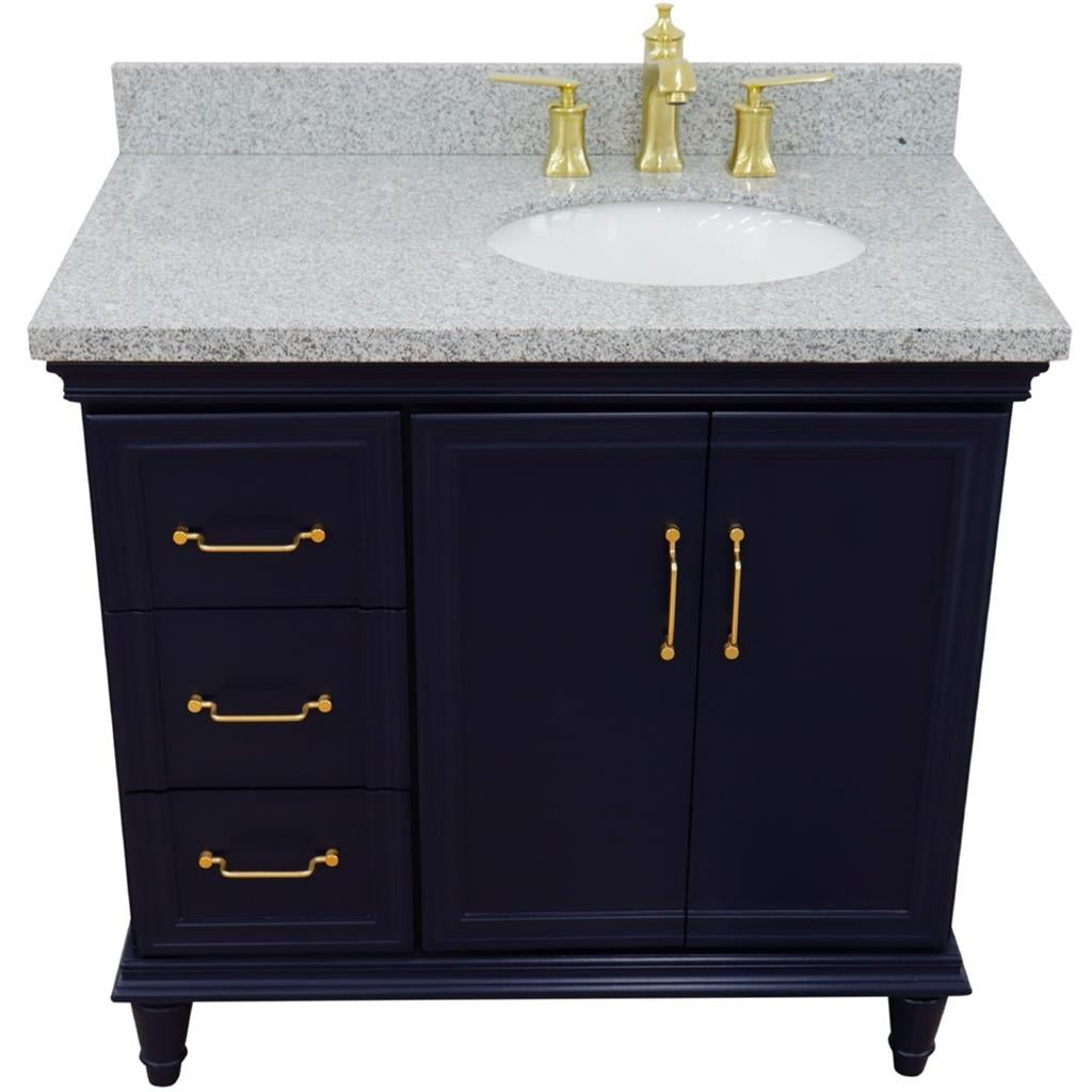 Bellaterra Home, Forli 37" Blue Vanity, Door on Right, Oval Sink on Right, Gray Granite#top-options_gray-granite-top
