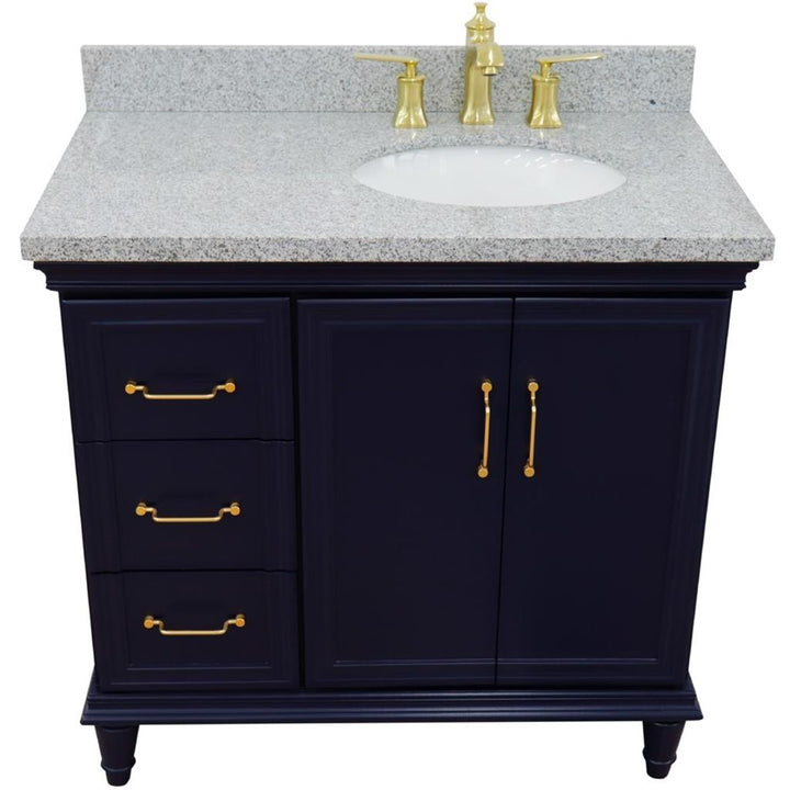 Bellaterra Home, Forli 37" Blue Vanity, Door on Right, Oval Sink on Right, Gray Granite#top-options_gray-granite-top